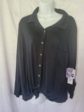 Just Be Womens Plus Size 2X Black Button Down Blouse Roll Tab Long Sleeve
